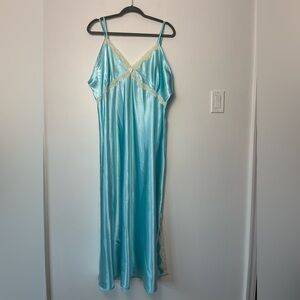 Vintage Aqua Blue Satin Nightgown with Cream Lace
